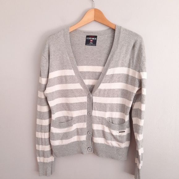 Echo Unlimited Gray & White Striped Cardigan Sweater - Picture 1 of 3
